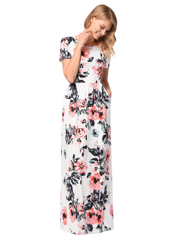 SZ60130-1 Womens T-Shirt Short Sleeve Floral Print Maxi Dress With Pockets
